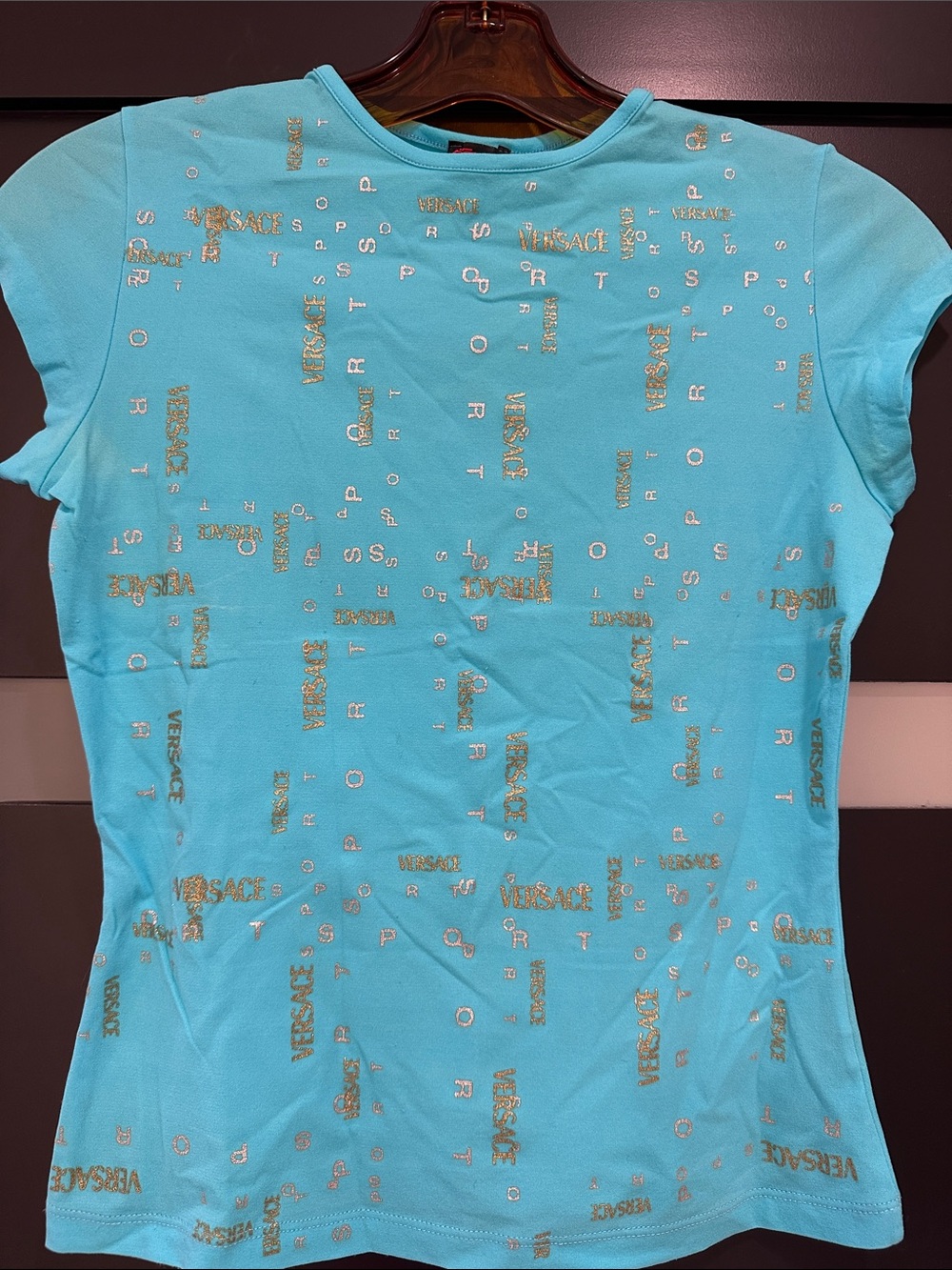Versace Turquoise Short Sleeve Tee with Gold Logo Accents